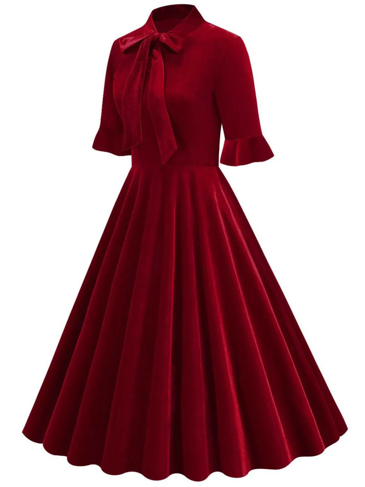 New Retro Stage 1950s Tie Neck Velvet Flared Sleeve Dress