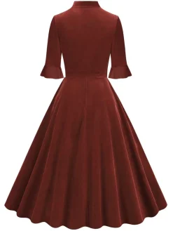 New Retro Stage 1950s Tie Neck Velvet Flared Sleeve Dress