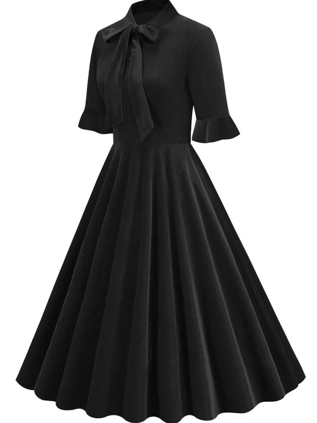 New Retro Stage 1950s Tie Neck Velvet Flared Sleeve Dress