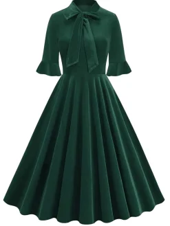 New Retro Stage 1950s Tie Neck Velvet Flared Sleeve Dress