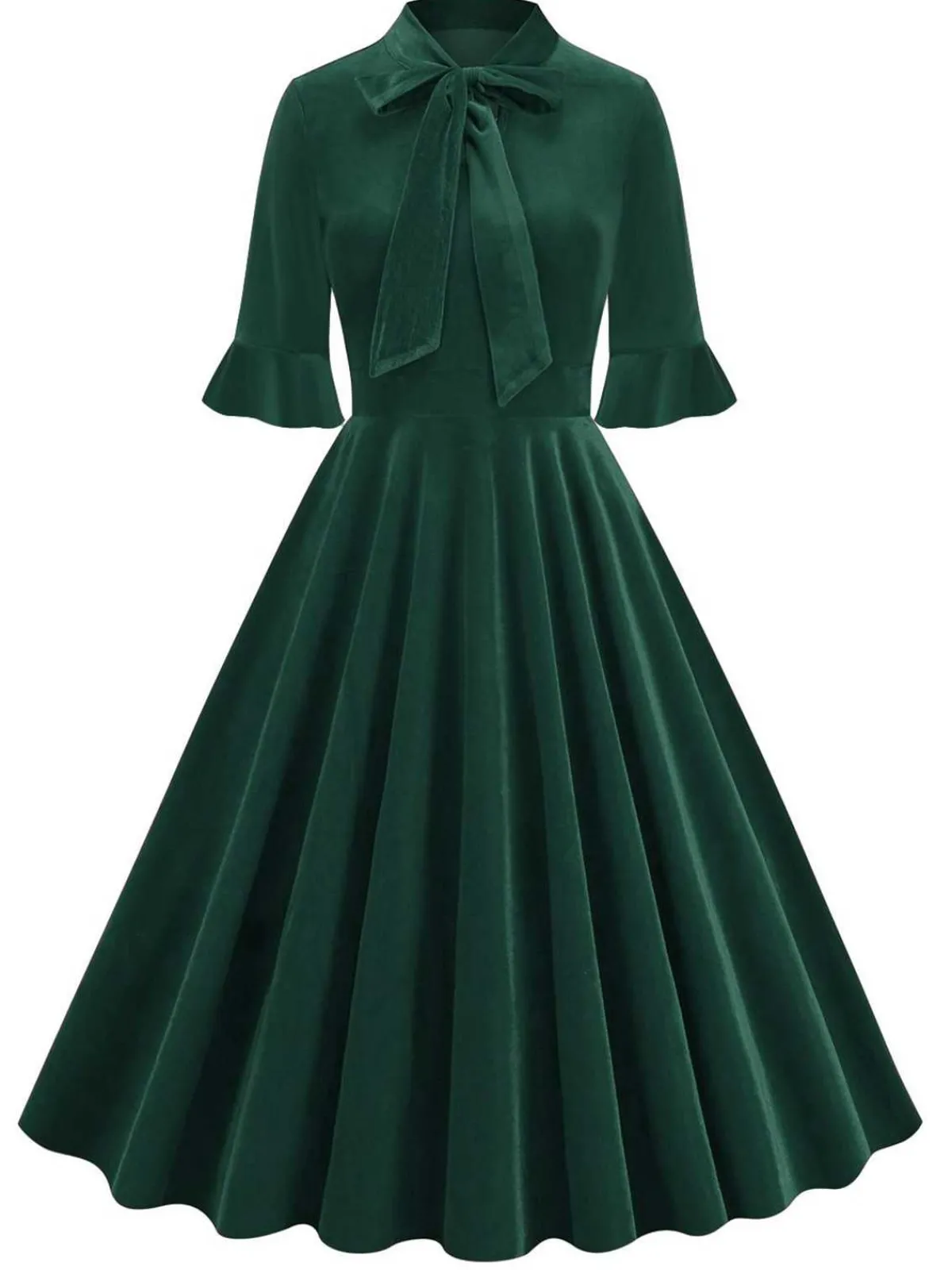 New Retro Stage 1950s Tie Neck Velvet Flared Sleeve Dress