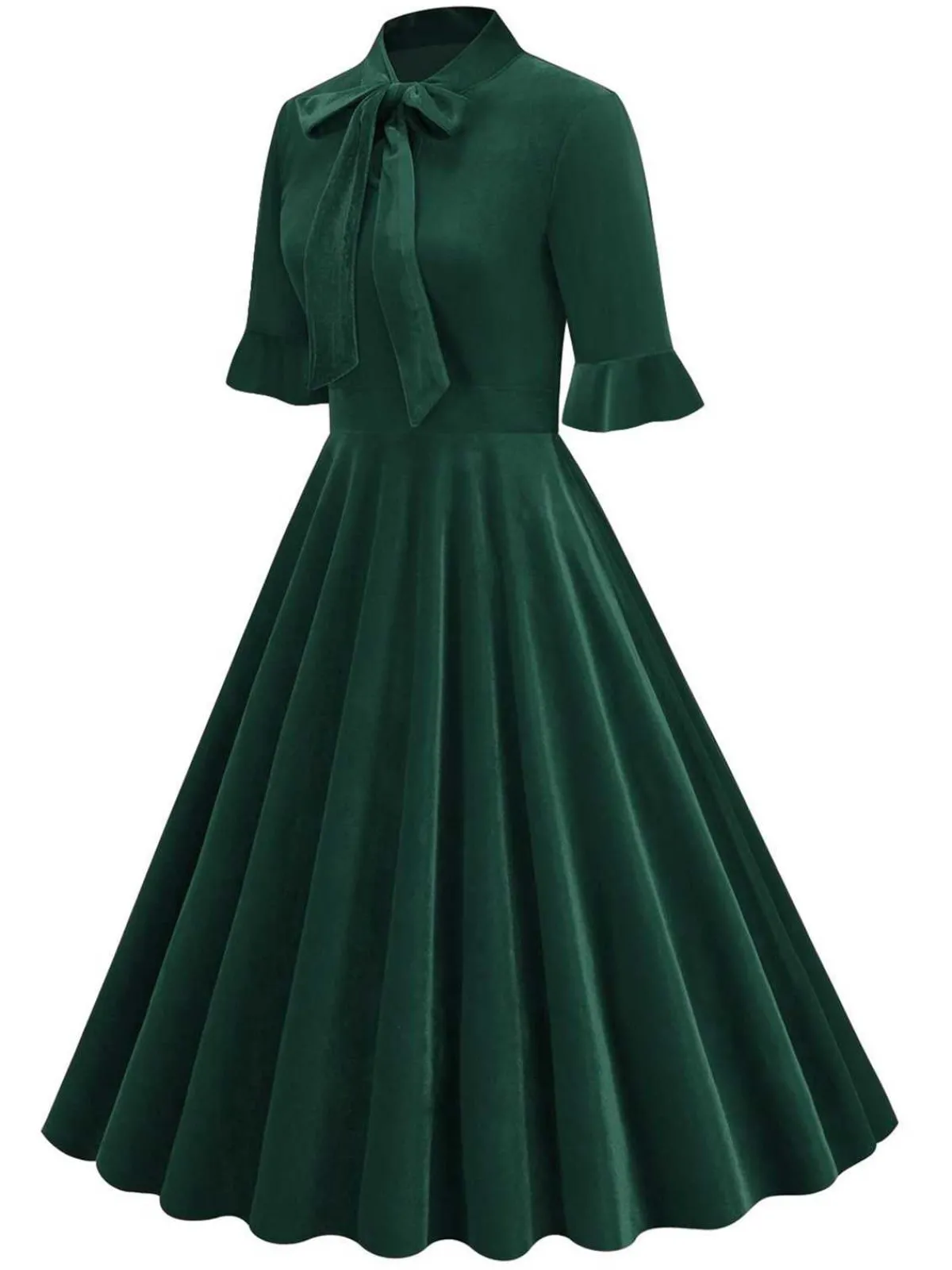 New Retro Stage 1950s Tie Neck Velvet Flared Sleeve Dress