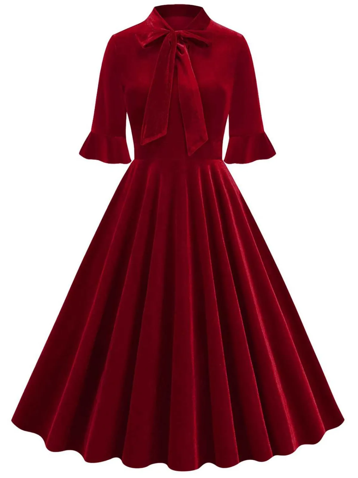 New Retro Stage 1950s Tie Neck Velvet Flared Sleeve Dress