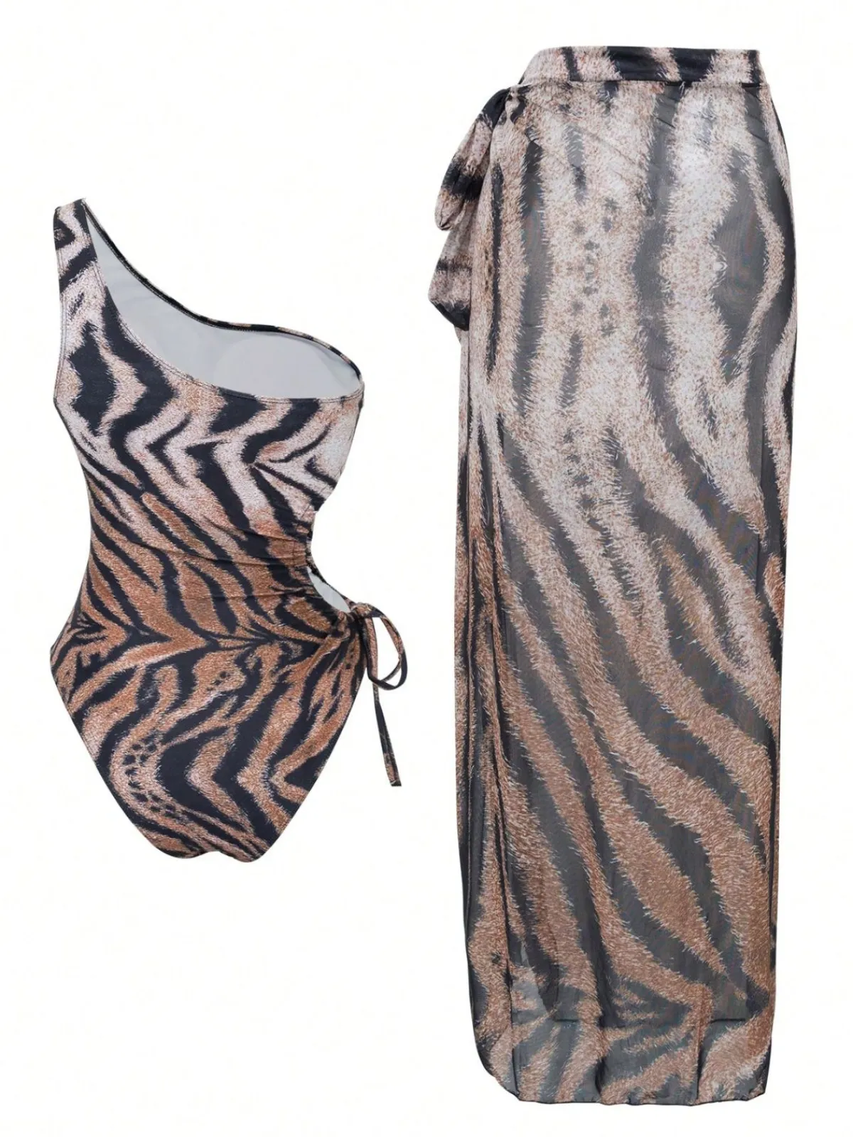 Discount Retro Stage 1950s Tiger One-Shoulder Swimsuit & Cover-Up Brown