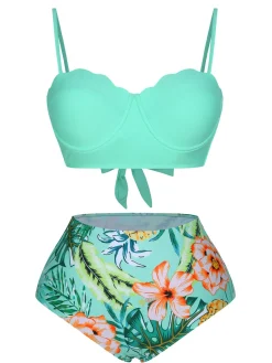 Hot Retro Stage 1960s Tropical Plant Back Strap Swimsuit Green