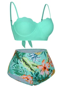 Hot Retro Stage 1960s Tropical Plant Back Strap Swimsuit Green