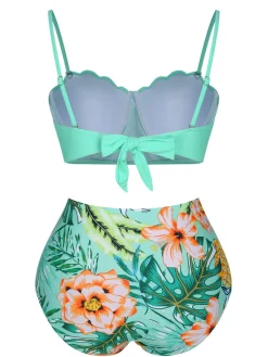 Hot Retro Stage 1960s Tropical Plant Back Strap Swimsuit Green