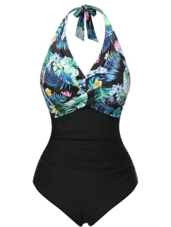 Clearance Retro Stage 1930s Tropical Plants Lace-Up Halter Swimsuit Blue