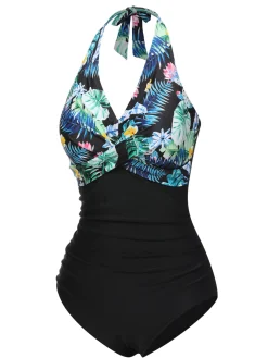 Clearance Retro Stage 1930s Tropical Plants Lace-Up Halter Swimsuit Blue