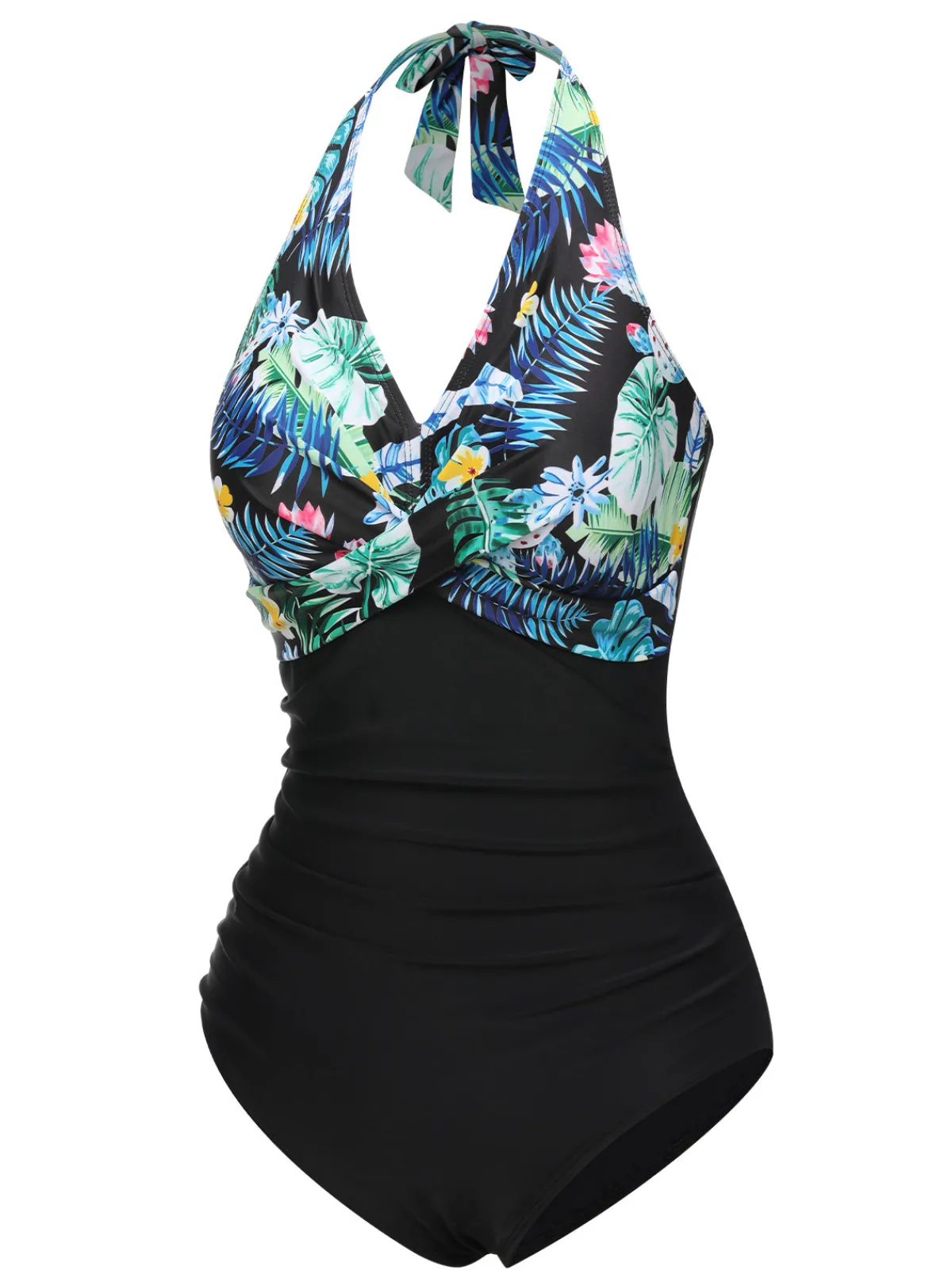 Clearance Retro Stage 1930s Tropical Plants Lace-Up Halter Swimsuit Blue