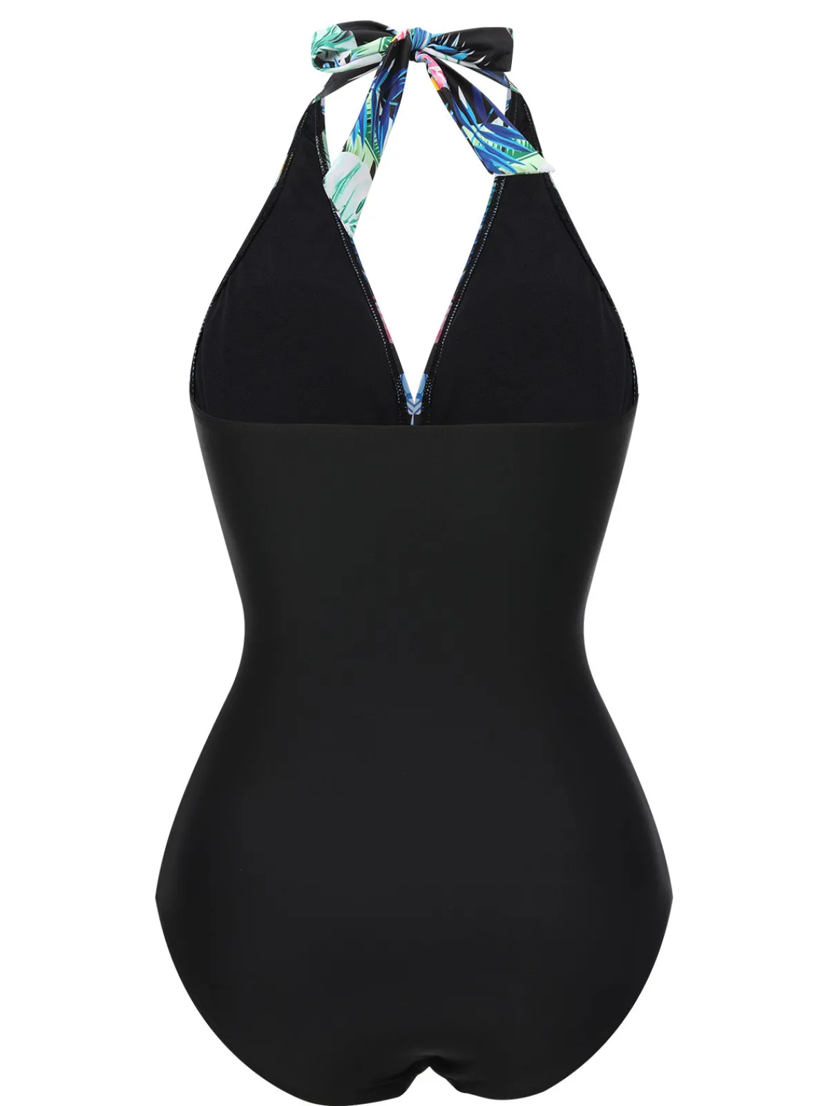 Clearance Retro Stage 1930s Tropical Plants Lace-Up Halter Swimsuit Blue