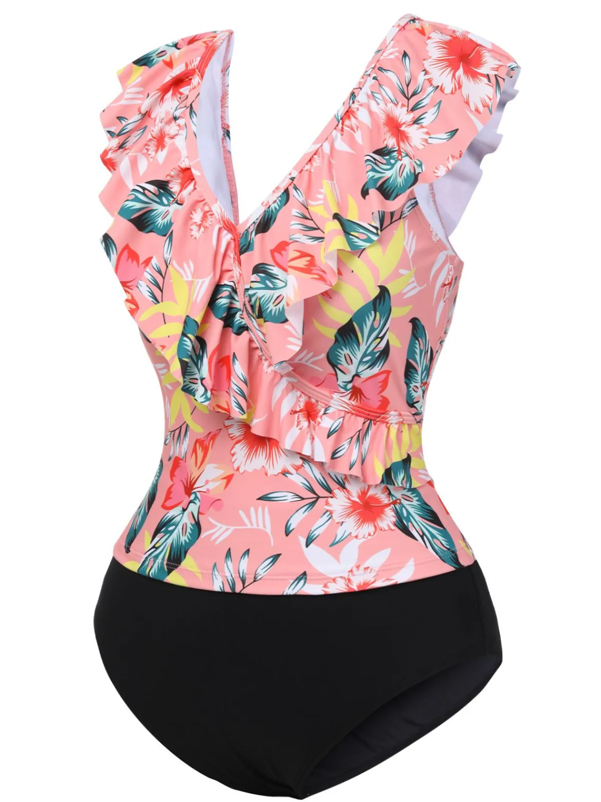 Outlet Retro Stage 1930s Tropical Plants Ruffled V-Neck Tankini Set Pink