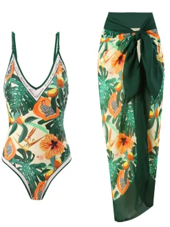Sale Retro Stage 1950s Tropical Print One-Piece Swimsuit & Cover-Up