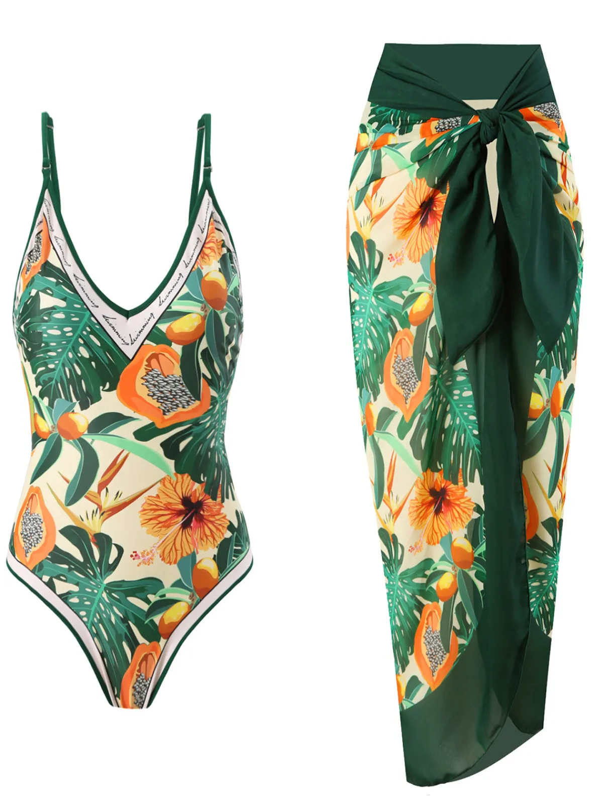 Sale Retro Stage 1950s Tropical Print One-Piece Swimsuit & Cover-Up