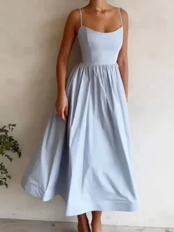 Best Retro Stage 1940s U-Neck Spaghetti Strap Pleated Dress