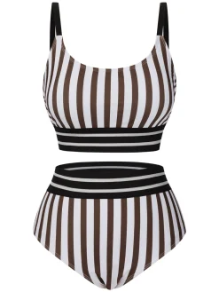 Discount Retro Stage 1950s U-Neck Vertical Stripes Straps Swimsuit