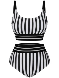 Discount Retro Stage 1950s U-Neck Vertical Stripes Straps Swimsuit