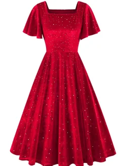 Best Retro Stage 1950s Velvet Sparkling Solid A-Line Dress