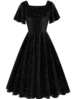 Best Retro Stage 1950s Velvet Sparkling Solid A-Line Dress