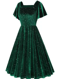 Best Retro Stage 1950s Velvet Sparkling Solid A-Line Dress