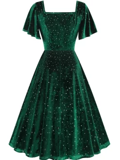 Best Retro Stage 1950s Velvet Sparkling Solid A-Line Dress