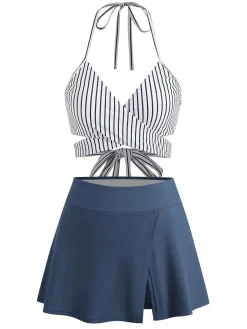 New Retro Stage 1940s Vertical Stripes Lace-Up Bikini Set Light Blue
