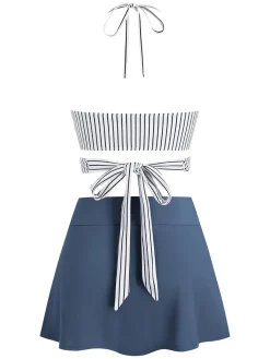 New Retro Stage 1940s Vertical Stripes Lace-Up Bikini Set Light Blue