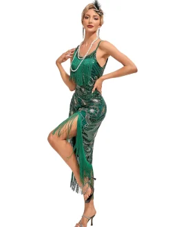 Clearance Retro Stage 1920s Vintage Fringe Sequined Midi Party Dress
