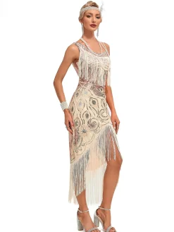 Clearance Retro Stage 1920s Vintage Fringe Sequined Midi Party Dress