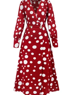 Sale Retro Stage 1940s Vintage Polka Dots Long Sleeve Slit Dress