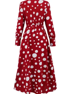 Sale Retro Stage 1940s Vintage Polka Dots Long Sleeve Slit Dress