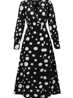 Sale Retro Stage 1940s Vintage Polka Dots Long Sleeve Slit Dress