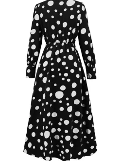 Sale Retro Stage 1940s Vintage Polka Dots Long Sleeve Slit Dress
