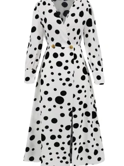 Sale Retro Stage 1940s Vintage Polka Dots Long Sleeve Slit Dress