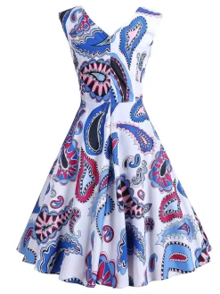 Hot Retro Stage 1950s V-Neck All Over Print Swing Dress