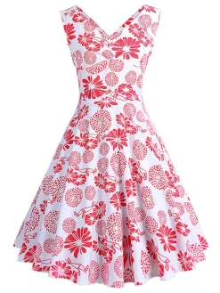 Hot Retro Stage 1950s V-Neck All Over Print Swing Dress