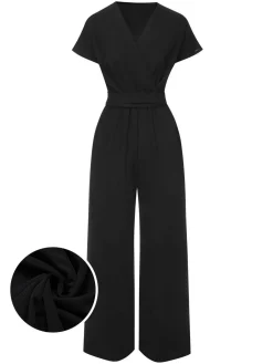 Best Retro Stage 1960s V-Neck Belted Solid Jumpsuit