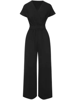 Best Retro Stage 1960s V-Neck Belted Solid Jumpsuit