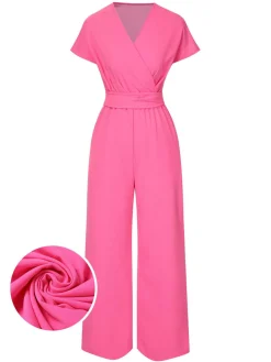 Best Retro Stage 1960s V-Neck Belted Solid Jumpsuit