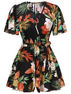 Clearance Retro Stage 1970s V-Neck Boho Floral Belted Romper Multicolor