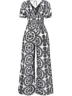 Outlet Retro Stage 1970s V-Neck Boho Puff Sleeve Wide-Leg Jumpsuit Black