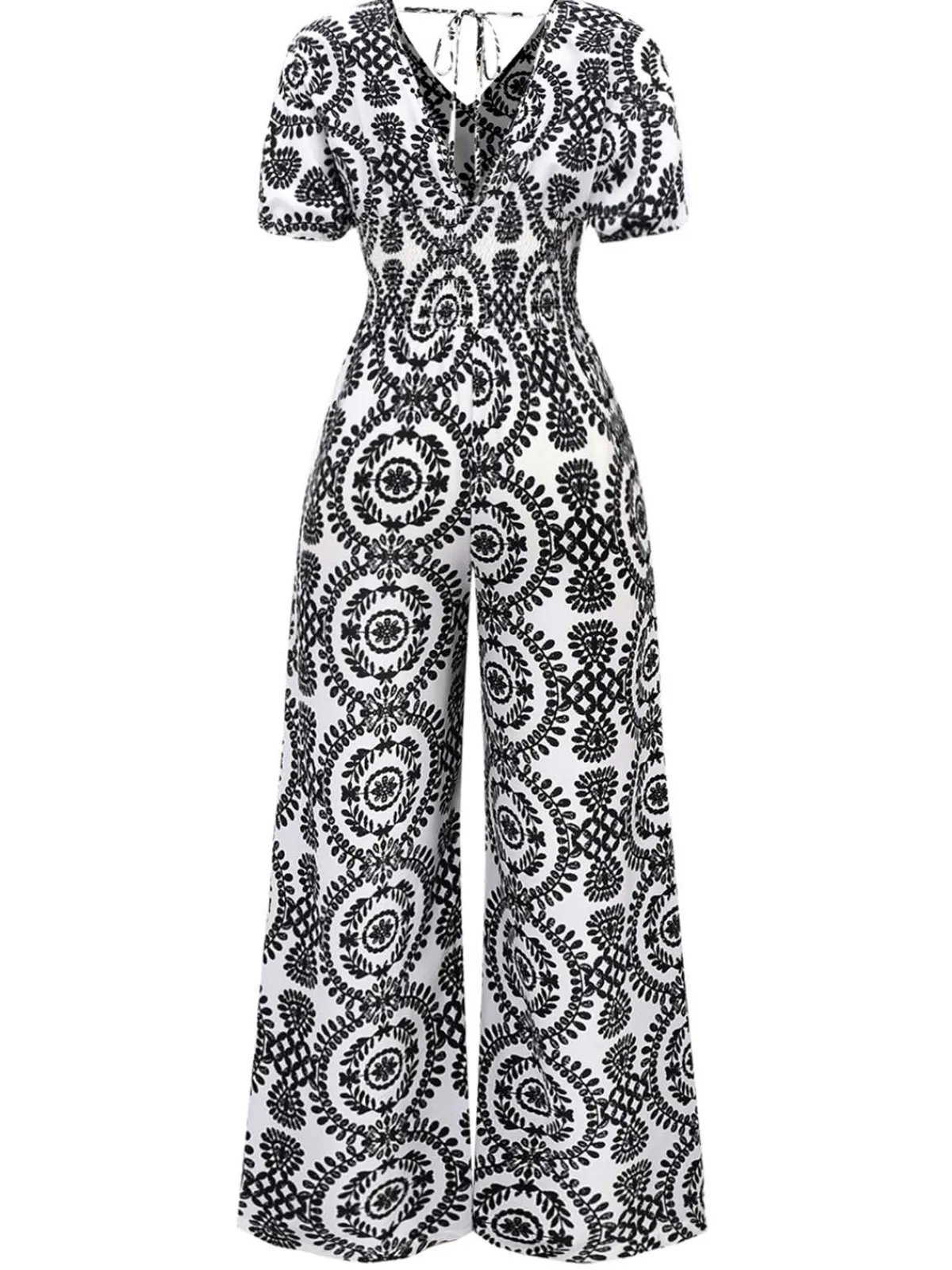 Outlet Retro Stage 1970s V-Neck Boho Puff Sleeve Wide-Leg Jumpsuit Black