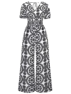 Outlet Retro Stage 1970s V-Neck Boho Puff Sleeve Wide-Leg Jumpsuit Black