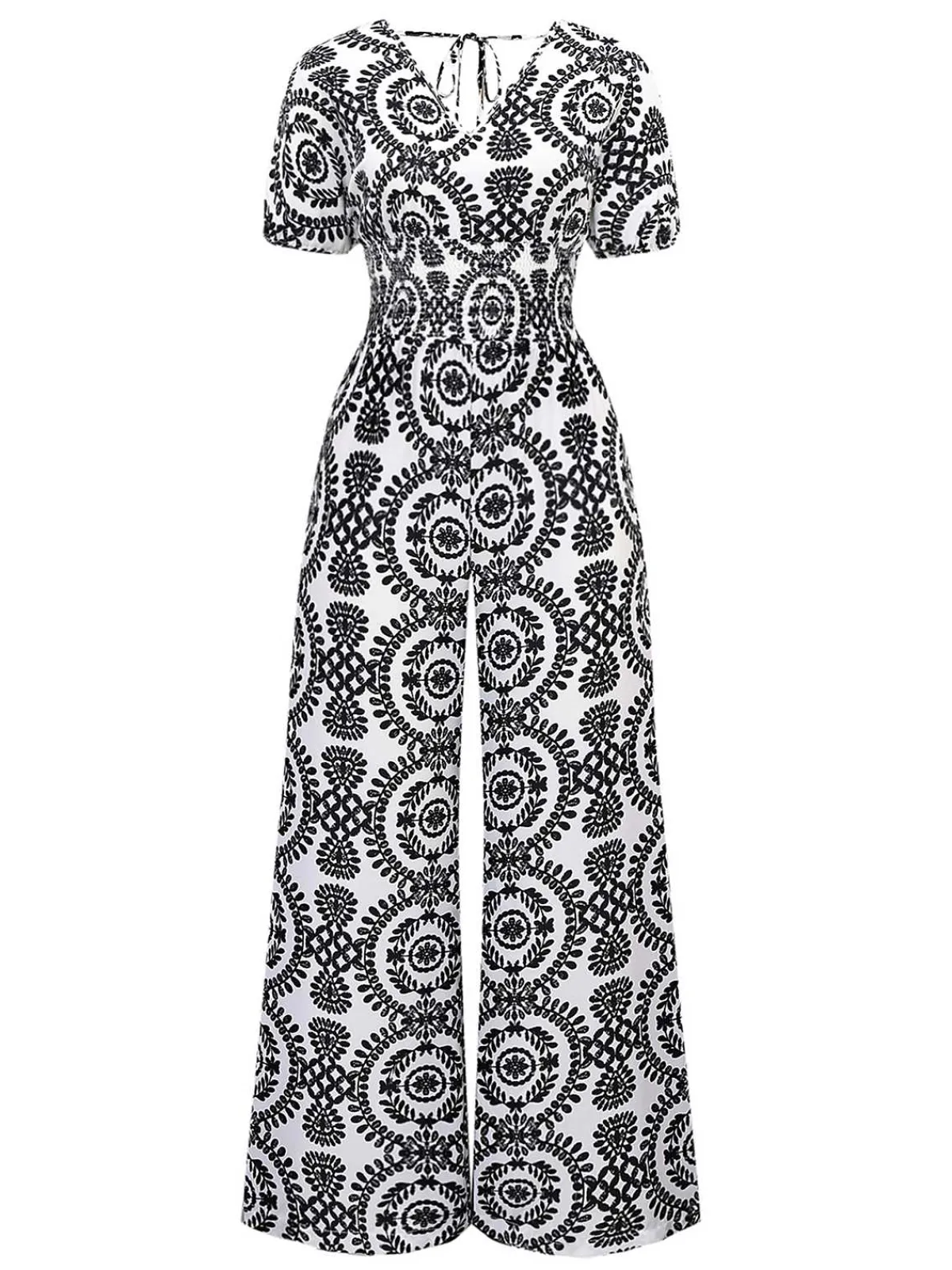 Outlet Retro Stage 1970s V-Neck Boho Puff Sleeve Wide-Leg Jumpsuit Black