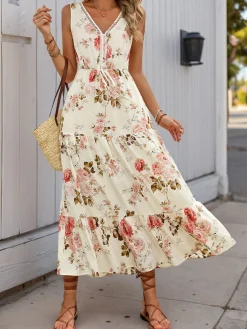 New Retro Stage 1970s V-Neck Boho Roses Tiered Dress Ivory