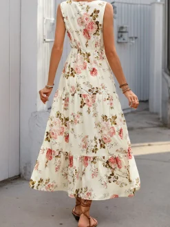 New Retro Stage 1970s V-Neck Boho Roses Tiered Dress Ivory