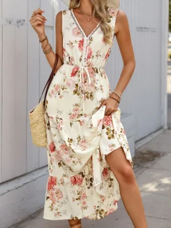 New Retro Stage 1970s V-Neck Boho Roses Tiered Dress Ivory