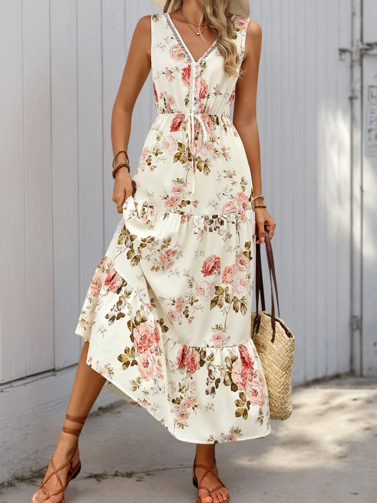 New Retro Stage 1970s V-Neck Boho Roses Tiered Dress Ivory