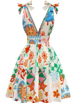 Hot Retro Stage 1970s V-Neck Boho Smocked Sleeveless Dress Multicolor