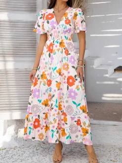 Hot Retro Stage 1970s V-Neck Boho Smocked-Waist Floral Dress